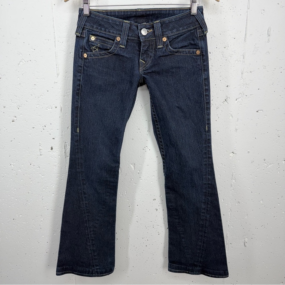 True Religion size 27 Y2K Low Rise Dark Wash Twisted Leg Boot Cut Jeans